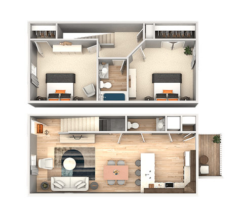 Floor plan for 2 beds, 1.5 baths, 1024 sqft